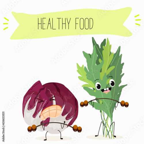Vector illustration with funny cartoon characters eruca, rucola, radichio, radicchio,cabbage,  ruchetta,
arugula,  eruca, rucola, colewort, rucoli, roquette, vegetable. 