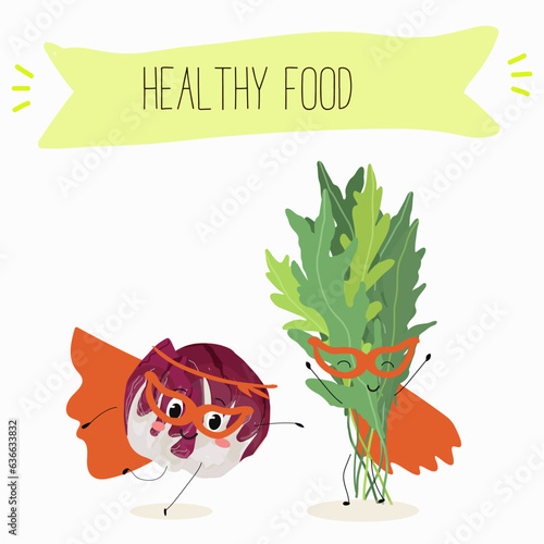 Vector illustration with funny cartoon characters eruca, rucola, radichio, radicchio,cabbage,  ruchetta,
arugula,  eruca, rucola, colewort, rucoli, roquette, vegetable. 