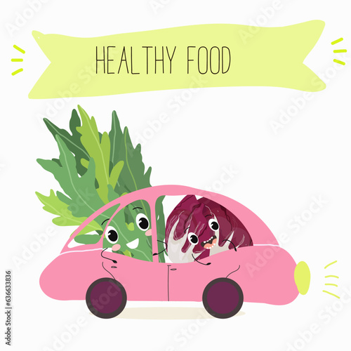 Vector illustration with funny cartoon characters eruca, rucola, radichio, radicchio,cabbage,  ruchetta,
arugula,  eruca, rucola, colewort, rucoli, roquette, vegetable. 