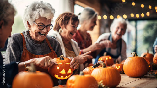Seniors Engaging in a Pumpkin Carving Workshop, happy seniors celebrating Halloween, wide banner with copy space area Generative AI