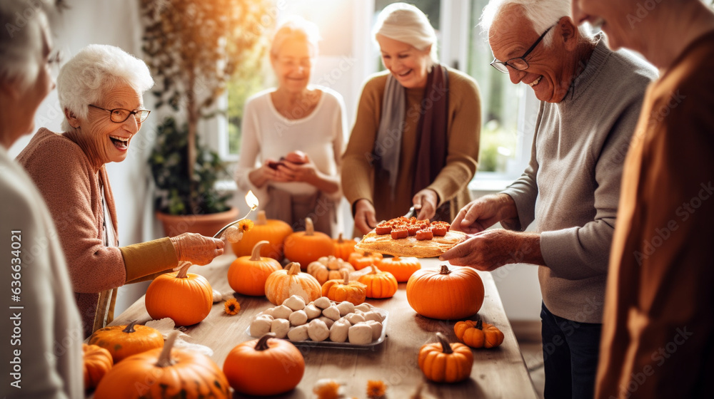 Seniors Hosting a Pumpkin Carving Party for Neighbors, happy seniors celebrating Halloween, wide banner with copy space area Generative AI Seniors Hosting a Pumpkin Carving Party for Neighbors, happy seniors celebrating Halloween, wide banner with copy space area Generative AI