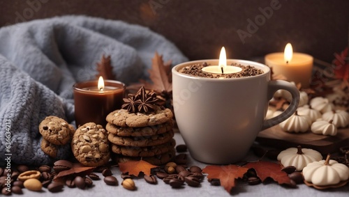 Autumn mood coffee cup with choclate and cookies