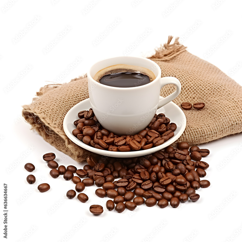 Espresso Coffee Cup with Beans on Rustic Table, and a jute bag resting nearby, isolated on white background Espresso Coffee Cup with Beans on Rustic Table, and a jute bag resting nearby, isolated on white background