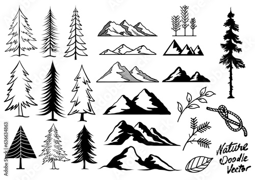 Set of nature  mountain  pine trees  hand drawn vector doodle board.