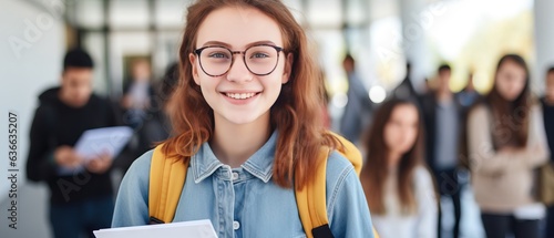 Portrait of positive European female teenager student woman wearing backpack glasses holding books and tablet in class with white big glass window and blured students in class background