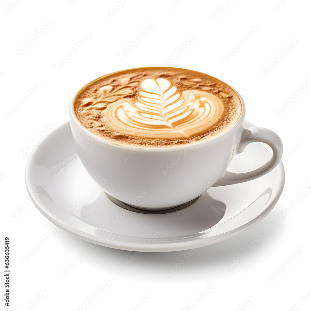 White coffee mug on saucer with roasted coffee beans white background White coffee mug on saucer with roasted coffee beans white background