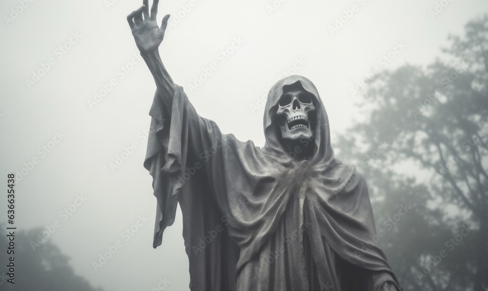 Obraz premium evil ghost skeleton creepy fear horror death halloween night hood. Generative AI.