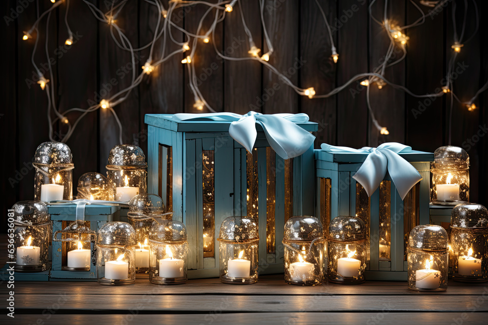 Christmas background, craft gift boxes, garland lights and decorations on snow  christmas concept