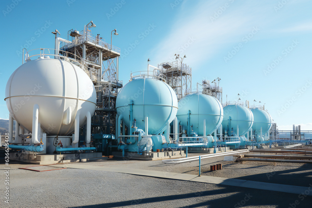 A wide angle image of a generic hydrogen power plant with tanks and pipes. Hydrogen clean power concept. A wide angle image of a generic hydrogen power plant with tanks and pipes. Hydrogen clean power concept.