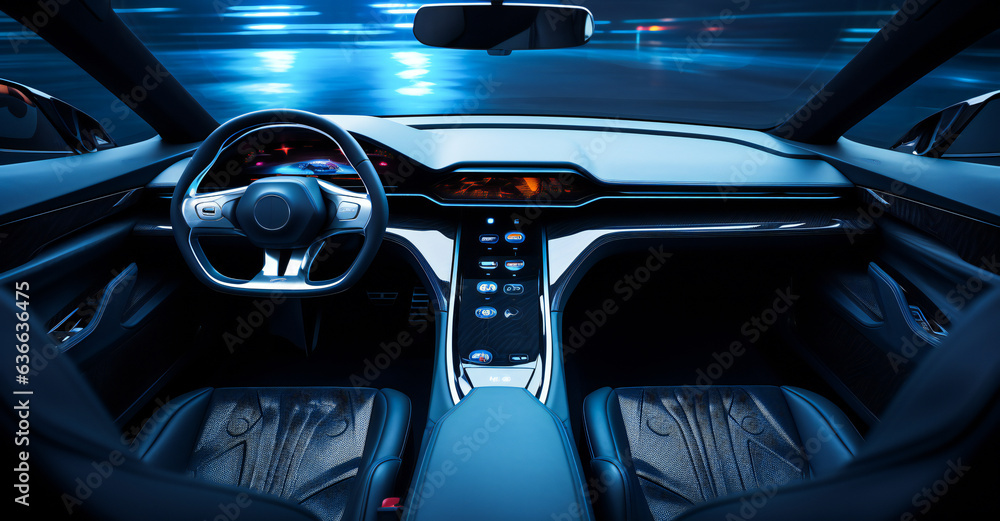 Futuristic interior of a car with digital displays and hologram screens ...