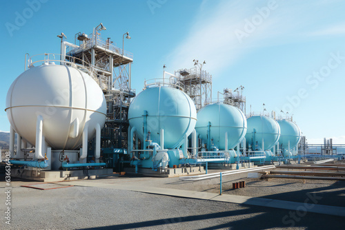 A wide angle image of a generic hydrogen power plant with tanks and pipes. Hydrogen clean power concept.