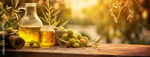 A bottle of olive oil and olives on a wooden table near olive trees and a mediterranean landscape as background