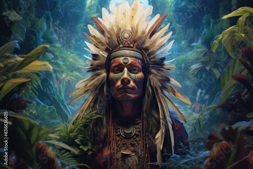 Portrait of mystical Native American shaman as he embarks on a secret ayahuasca ritual. Concept of shamanism and Ayahuasca ceremony. 