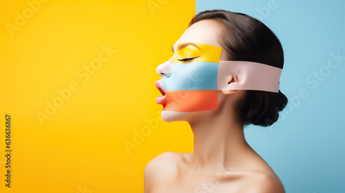 Beautiful young woman with colorful stripes on her face on yellow and blue background