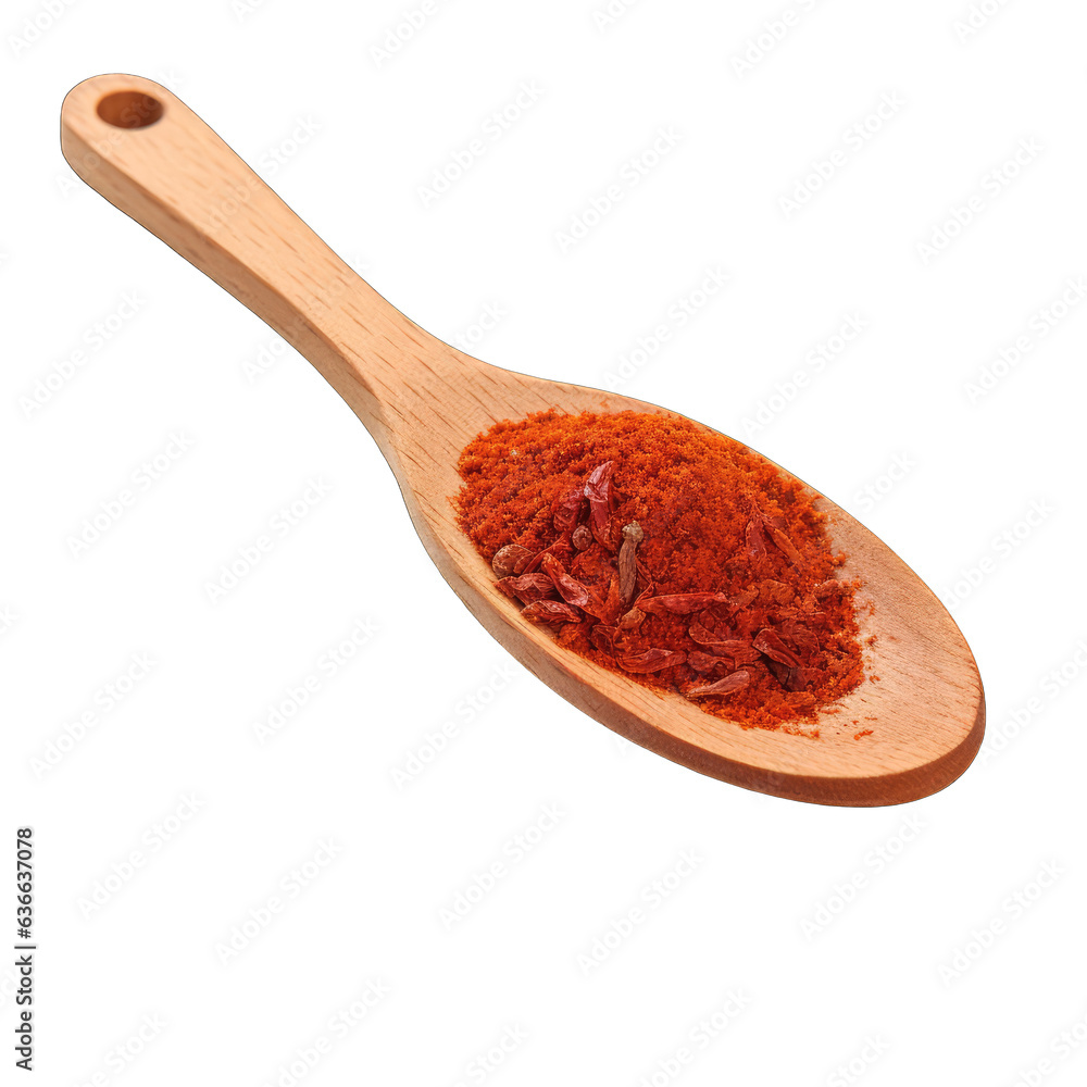 Red chili spice powder in a wooden spoon isolated on transparent background Red chili spice powder in a wooden spoon isolated on transparent background