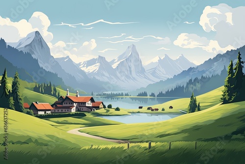alm landscape in summer illustration