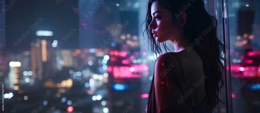 A girl standing at a panoramic window with a view of the night city. A girl standing at a panoramic window with a view of the night city.