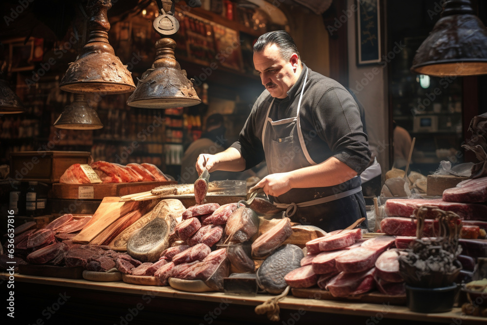 The intricate details of a street vendor in a European market, carefully arranging artisanal cheeses and cured meats, the scene resonating with old-world charm 