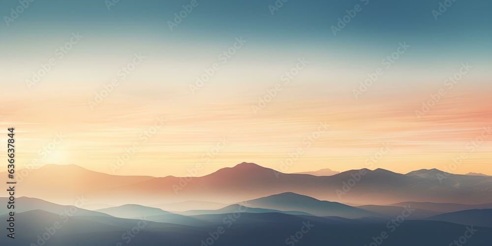 A blurry image, a banner, the sun rising over the mountains in the style of a bokeh panorama.