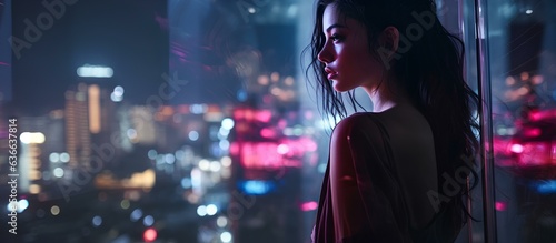 A girl standing at a panoramic window with a view of the night city. photo