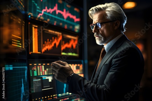 A middle-aged man analyzing the candlestick graph chart of stock market investment trading seriously from the computer in his room at night. Stock Trader Man Using Multiple Monitors while Working