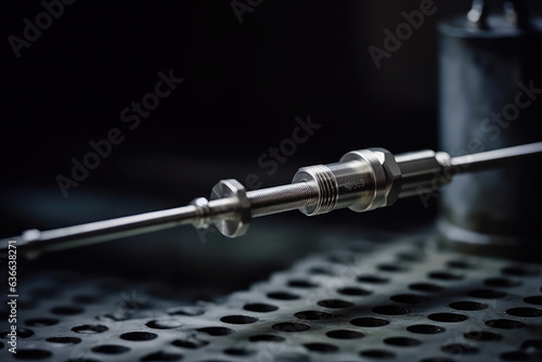 Unveiling the intricate world within a chemical processing plant: Witness the mesmerizing macro view of a thermocouple sensor seamlessly integrated within a heat exchanger. photo