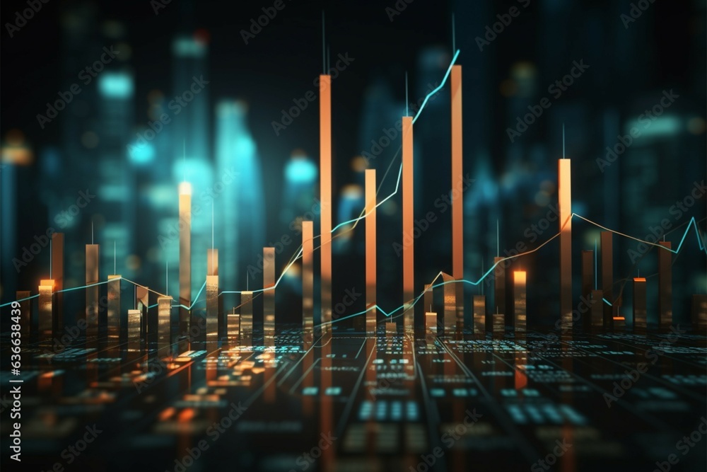 Finance backdrop unites stats, candlesticks, bar chart, uptrend arrow for economy theme Generative AI - obrazy, fototapety, plakaty 