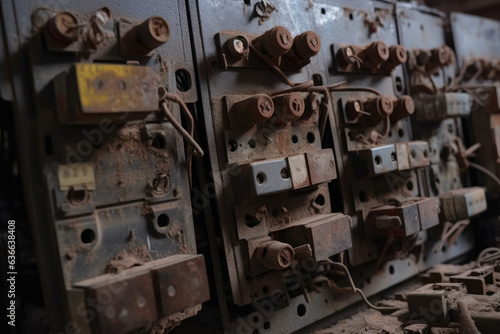 A mesmerizing close-up capturing the intricate details of weathered and corroded circuit breakers amidst the eerie ambiance of an abandoned factory, adorned with delicate cobwebs and a veil of dust. © aicandy