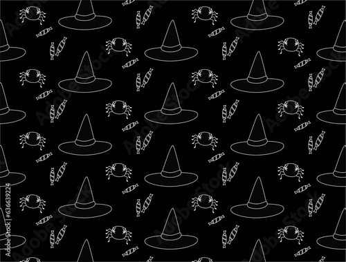 Halloween. Pattern in doodle style. Hat and spider. Vector.