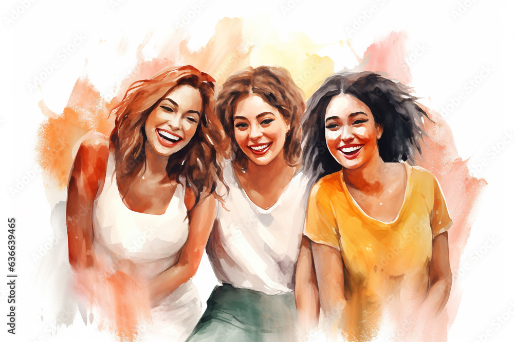 Portrait of three smiling women on multicolored watercolor background