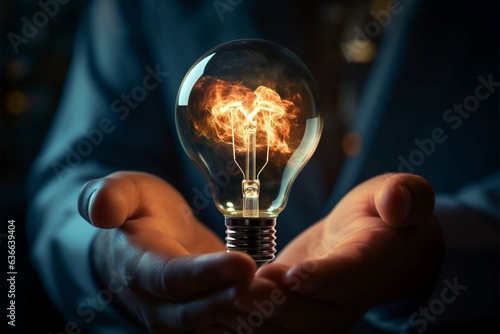 Hand with luminous bulb symbolizes business innovation and visionary thinking Generative AI