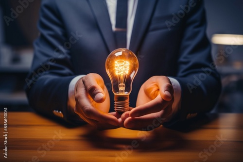 Office executive holds light bulbs, sparking innovation and inspiration Generative AI