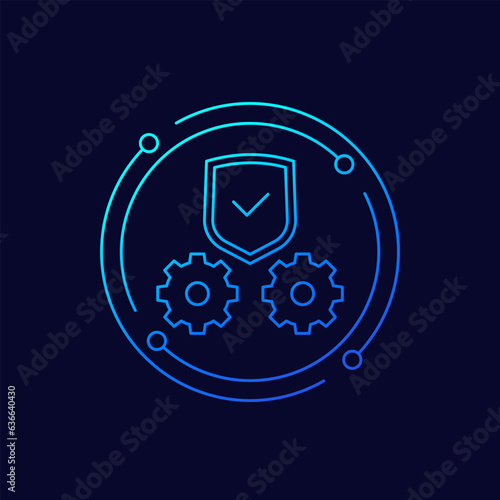 secure operation icon with gears and a shield, linear design