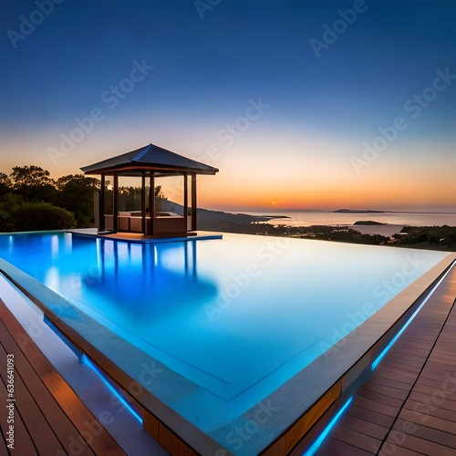 Scenic Residential Outdoor Swimming Pool Illuminated by LED Lighting.AI generated © Ammad