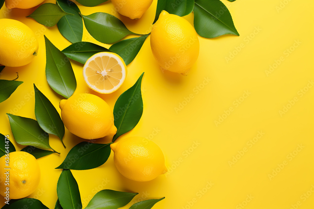 Fresh lemons and green leaves on yellow background with copy space. Flat lay, top view