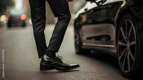 Elegant male black shoes getting out of a fancy black car close up  © moon