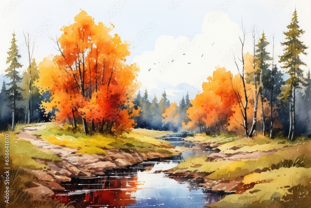 Watercolor autumn in the forest with a river