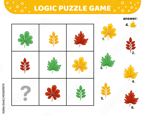 Maple, chestnut and rowan leaves. Logic puzzle game For kids Cartoon vector