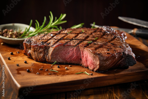 Grilled steak on the wooden board with rosemary on the side