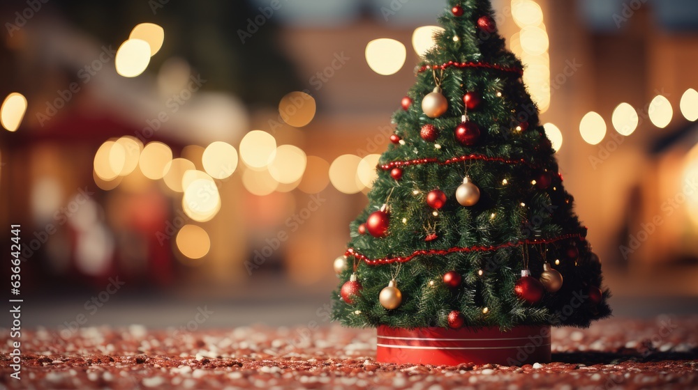 Christmas tree in bright fire bokeh. Christmas and New Year background with a Christmas tree. generative ai