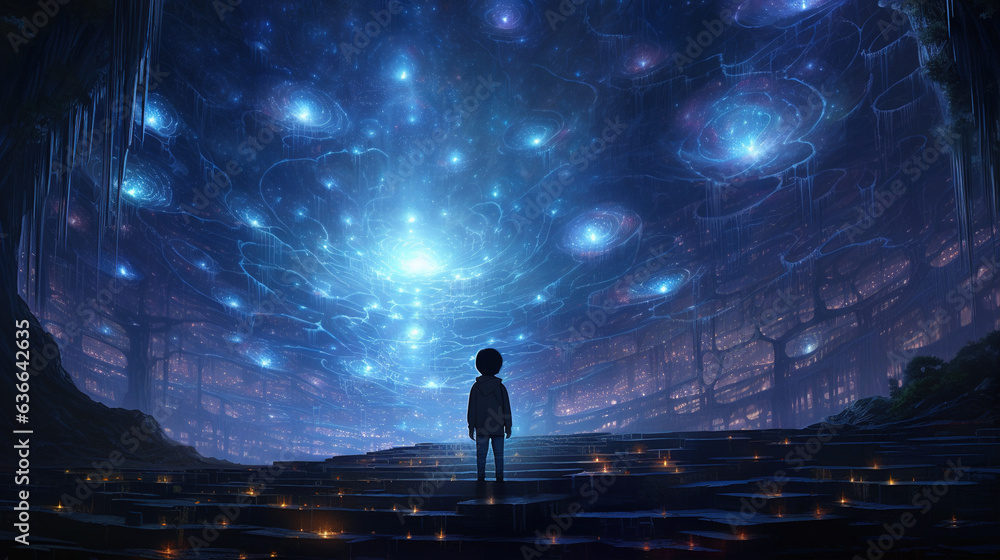 Obraz premium The Connection: The alien ship begins to communicate with the children through the lights, forming intricate patterns that intrigue and mesmerize them