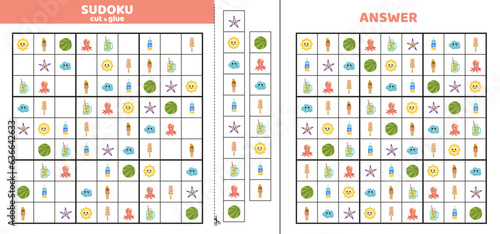Sudoku with nine subjects of tropical summer. Game puzzle for kids. Cut and glue. Cartoon