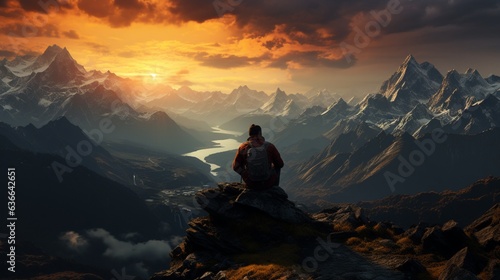 a person sitting on top of a rock near the mountains.