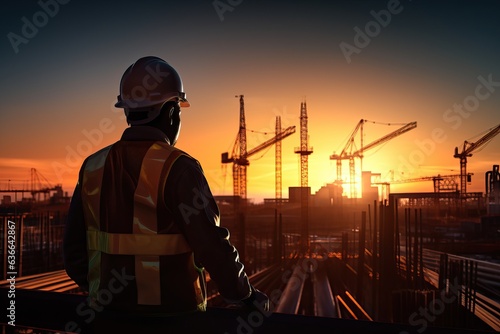 Silhouette of a construction worker inspecting a project at a construction site background at sunset.