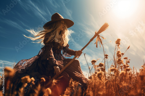 Witch is getting ready to fly on broom. Beautiful scene with blonde witch in autumn field. Sunny and sky blue background.