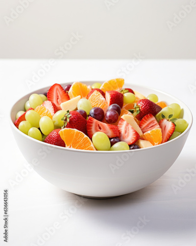 Healthy fresh fruit salad in bowl on gray concrete background.