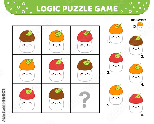 Logic puzzle game. Mushroom, boletus, porcini. For kids Squishmallow Cartoon kawaii