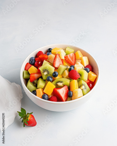 Healthy fresh fruit salad in bowl on gray concrete background. 