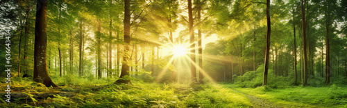 Sun shinning through the thick forest in summer. photo