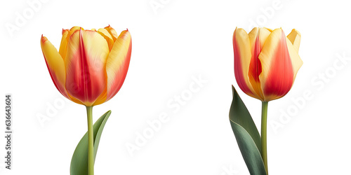 Red and yellow tulip alone on transparent background
